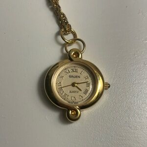 Gruen Vintage Gold Pendant Watch on Chain – Elegant Design - Not Working